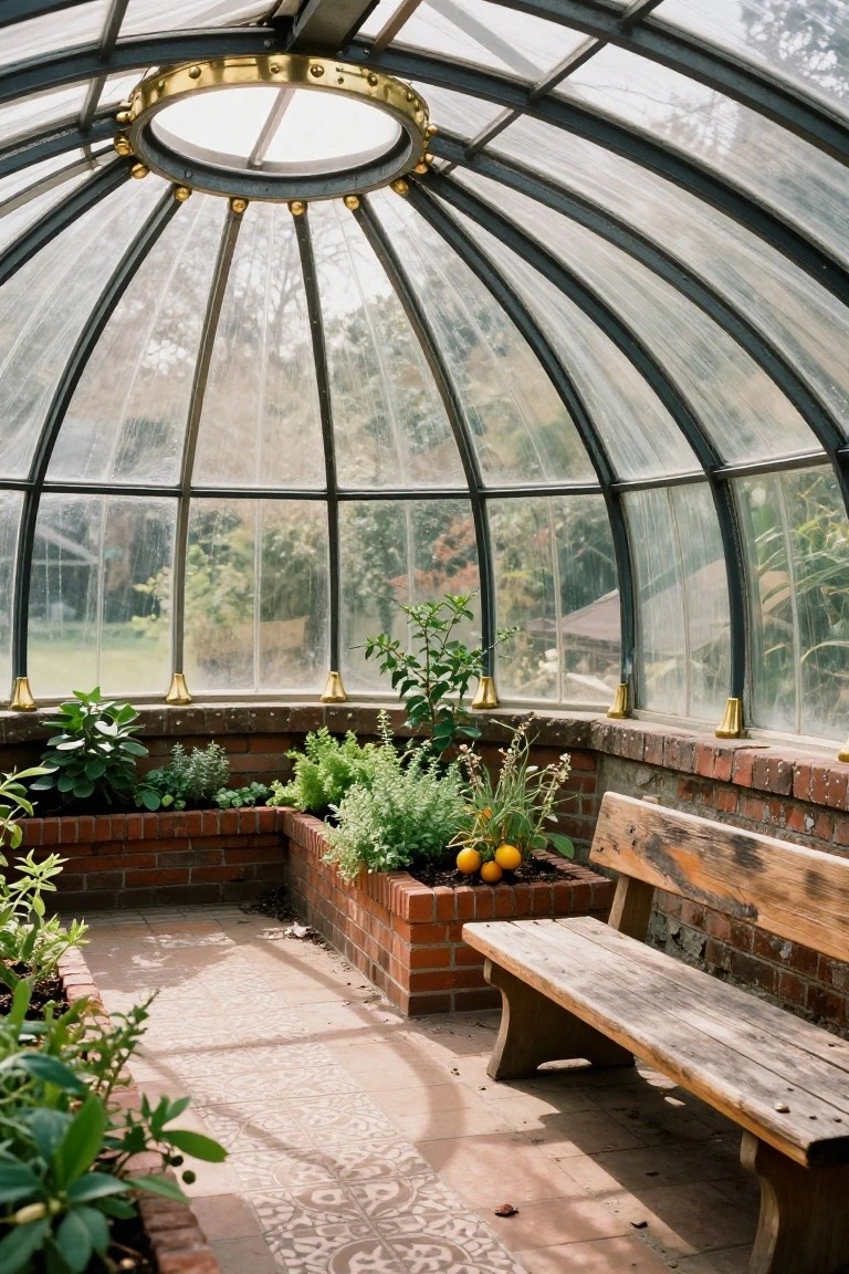 Glass-domed greenhouse interior with raised brick planters containing herbs, greens, and orange trees, a wooden bench nearby, and patterned tile floor.
