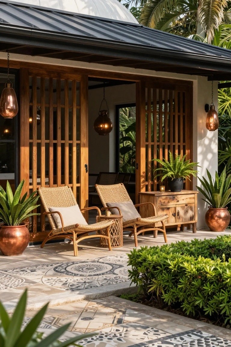 Covered porch with open wooden lattice sliding doors, two beige rattan armchairs with white cushions around a woven side table, potted ferns and agave plants in copper pots, hanging copper lanterns, patterned tiled floor, and surrounding tropical shrubs under a black metal roof.