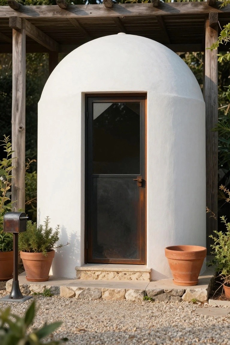 White rounded dome building with black metal door under wooden pergola structure, flanked by terracotta pots with plants on gravel patio.