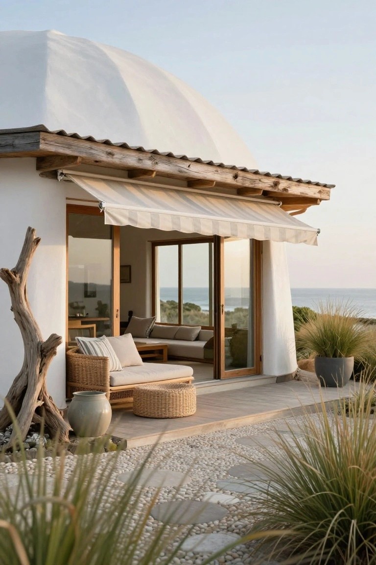 White curved dome house with wooden roof trim and large open sliding glass doors to a terrace with woven sofa, pillows, ottomans, driftwood piece, ceramic pot, grasses, pebbles, and ocean horizon.