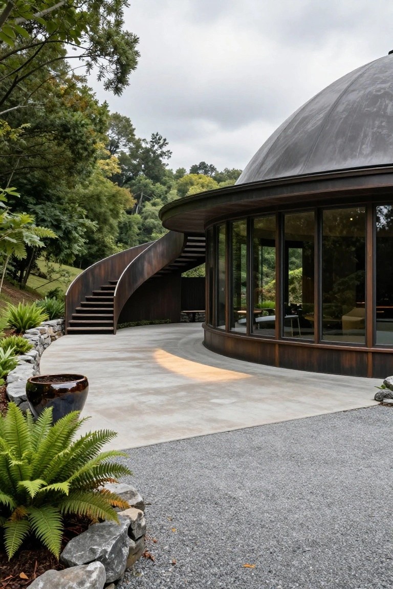 Curved bronzed metal dome structure with large glass windows and a sweeping spiral metal staircase leading to the entrance, set against lush green landscaping and stone retaining walls.