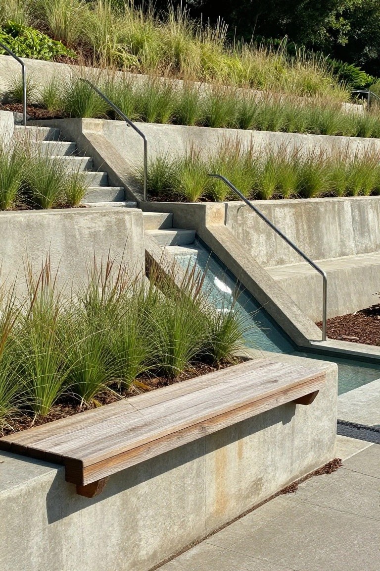 Terraced concrete walls and stairs on a slope, planted with ornamental grasses, with stainless steel railings, a narrow water channel, and a wooden bench.