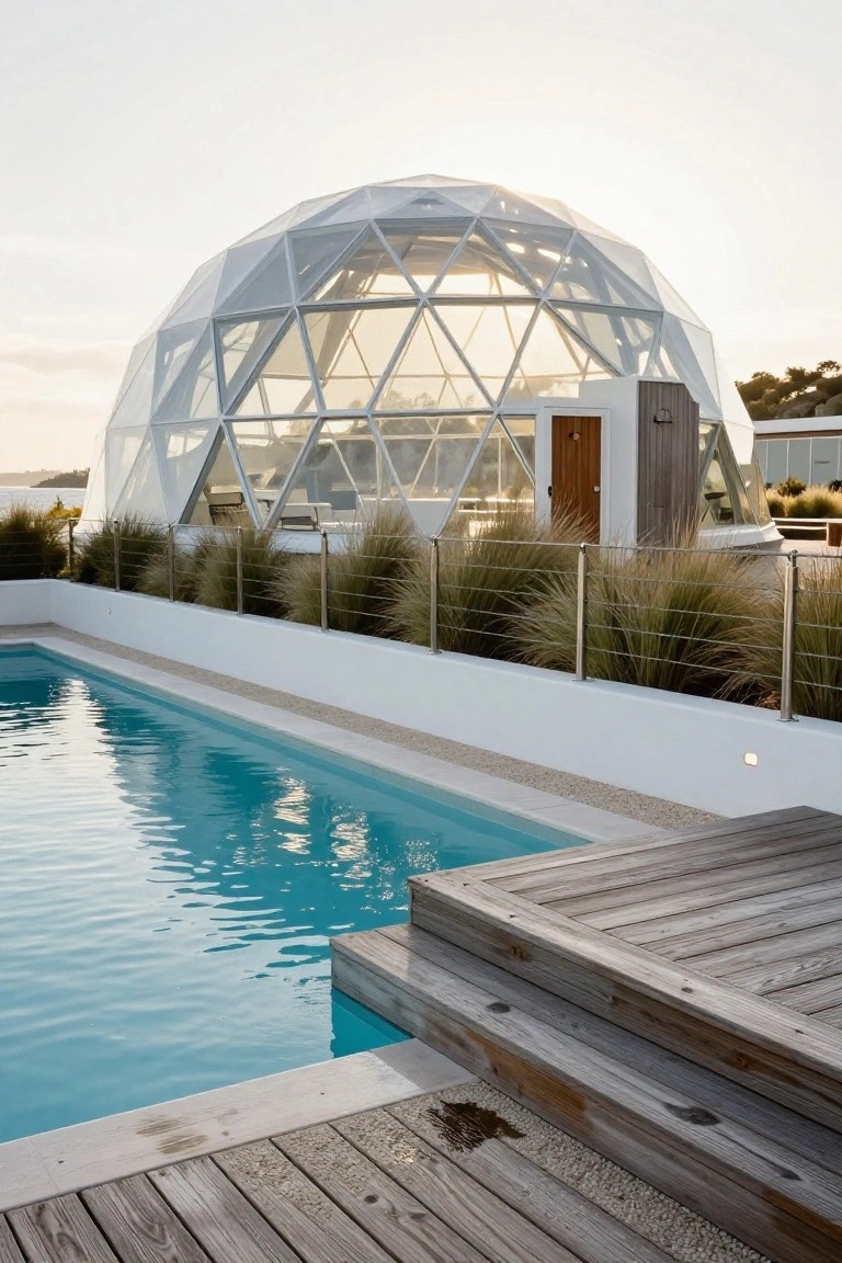 White-framed geodesic dome with extensive glass panels beside a turquoise rectangular pool edged in white, wooden deck steps, stainless cable railings with tall grasses, and coastal scrub in the background at sunset.