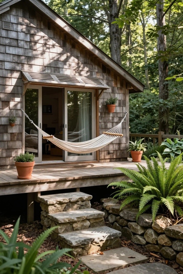 Small cedar-shingled cabin elevated on piers with a wooden deck, white hammock hung from the wall across the deck, potted plants, stone steps, and dense green forest surroundings.