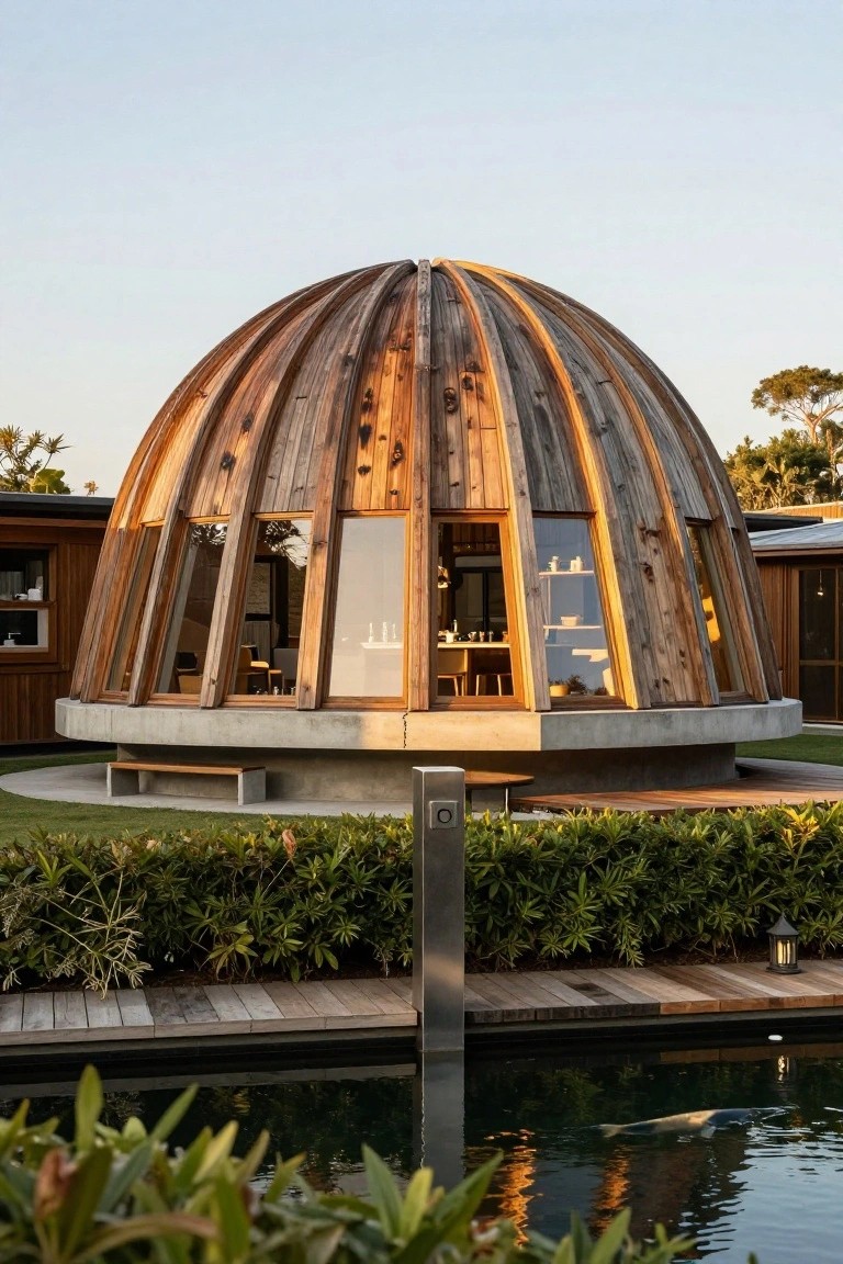 A geodesic dome structure clad in curved vertical wooden planks with large windows, elevated on a concrete base, surrounded by grass, hedges, a wooden deck, and a nearby pool with koi fish.
