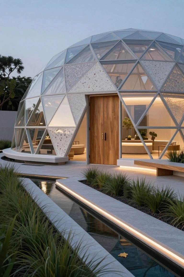 Exterior view of a geodesic dome house with triangular glass and textured panels, wooden double entry doors, curved bench, grasses, and a lit linear water channel alongside a path.