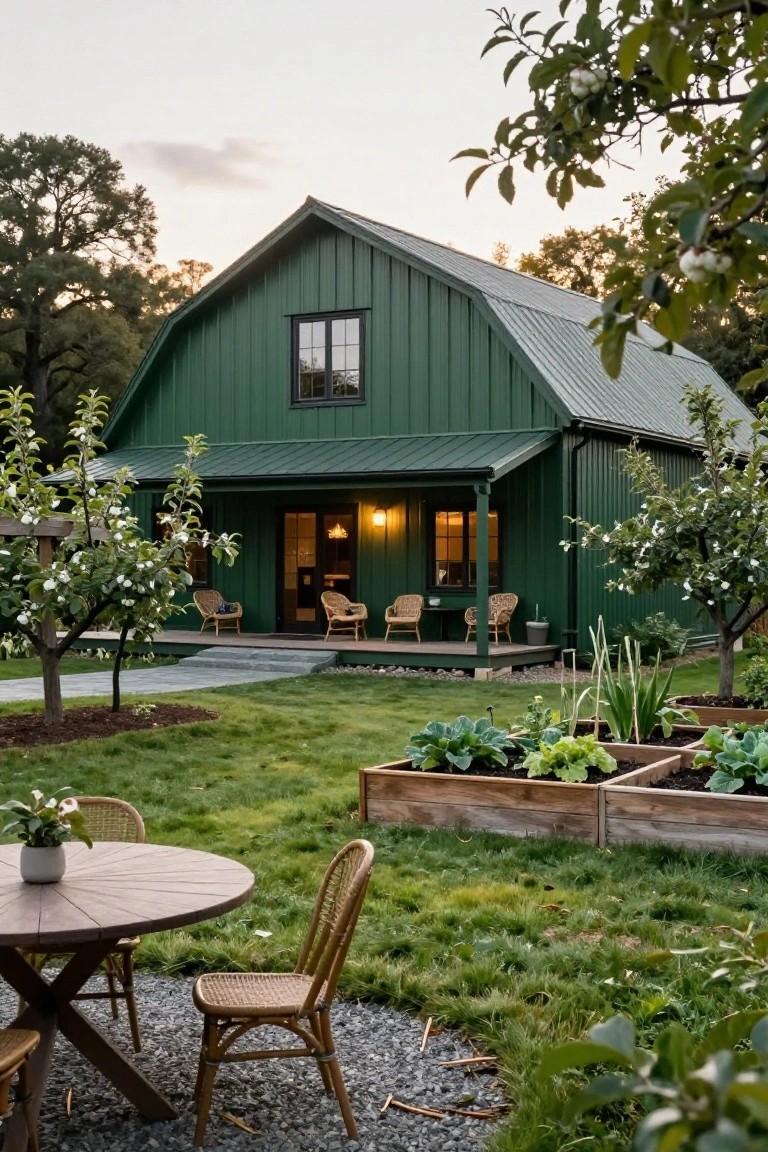 Green metal barn-style house with gabled roof and covered porch, surrounded by apple trees, raised garden beds with vegetables, and a round wooden table with wicker chairs on gravel near a grassy lawn at dusk.