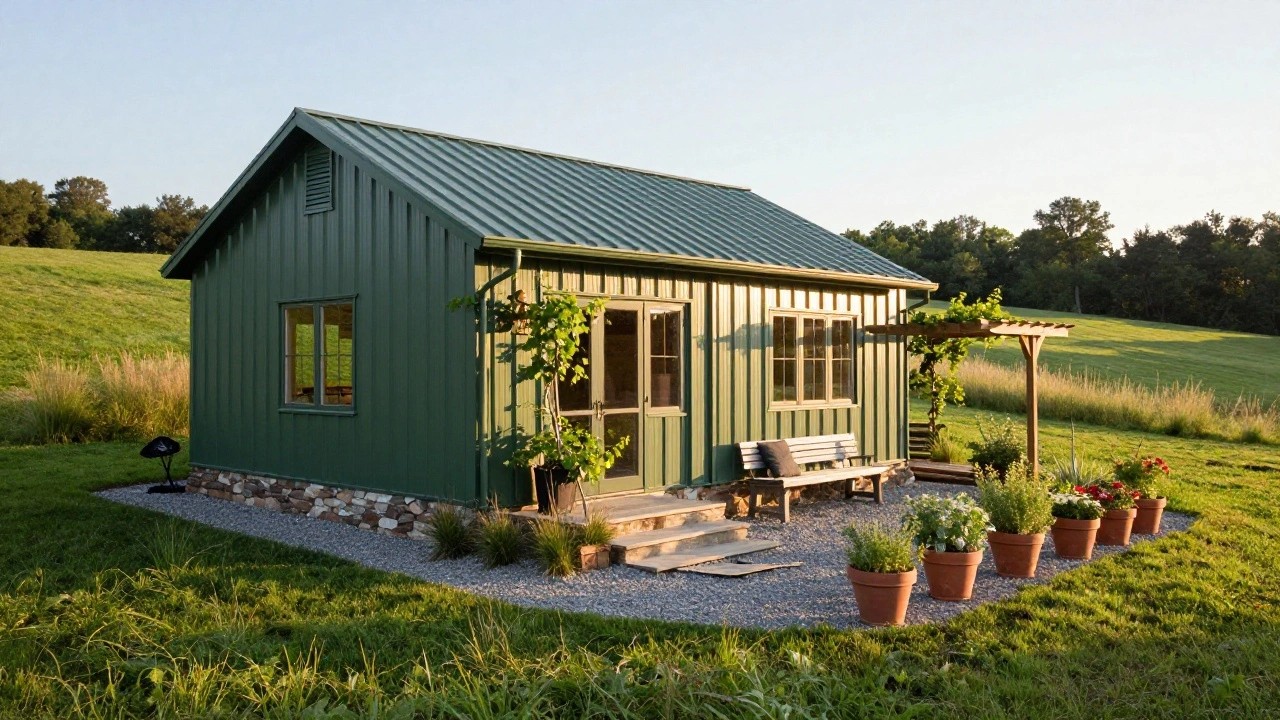 Small green corrugated metal-sided gabled house with wooden porch, bench, stone foundation and steps, potted plants, gravel path, and surrounding grasses and trees in evening light.
