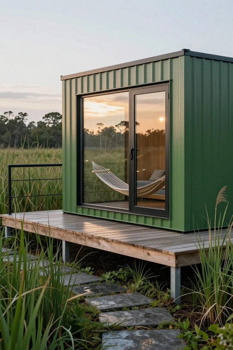 Green corrugated metal shipping container home elevated on a wooden deck, with large black-framed sliding glass doors showing a hammock inside, surrounded by tall grasses, stone path, and distant rice fields at sunset.