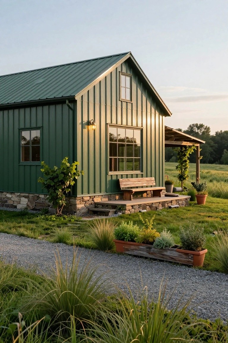 Small green corrugated metal-sided gabled house with wooden porch, bench, stone foundation and steps, potted plants, gravel path, and surrounding grasses and trees in evening light.