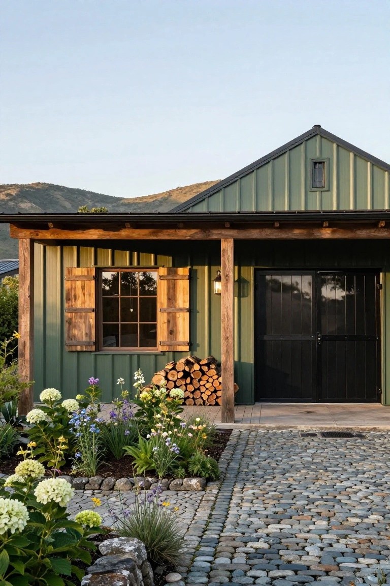 Front exterior of a sage green corrugated metal barn-style home with wooden porch posts and beams, shuttered window, black double doors, firewood stack, flower garden beds, and cobblestone pathway against a mountainous backdrop.