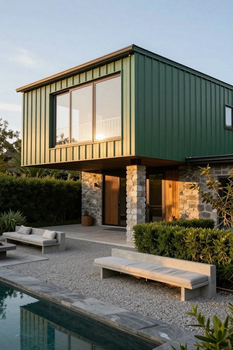 Green corrugated metal-clad upper level of a modern house elevated on stone pillars, with large glass windows, wooden entry doors at base, outdoor concrete benches, pool, gravel area, and surrounding hedges and plants.