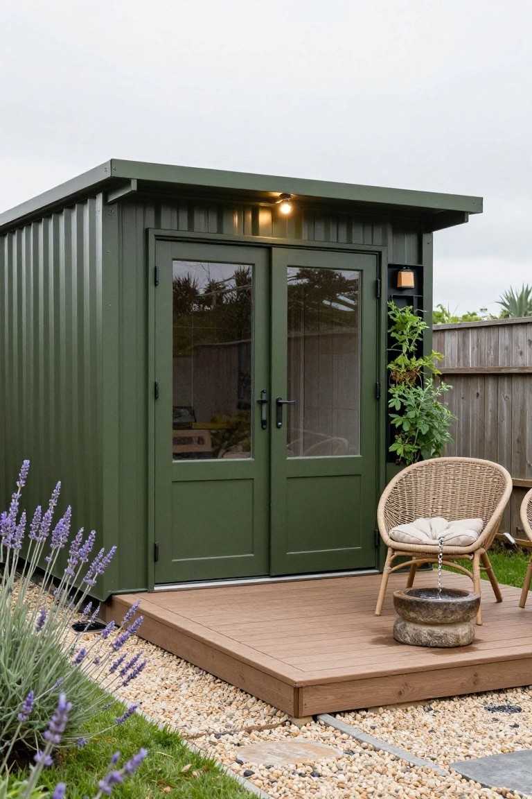A small olive-green corrugated metal shed with double glass-paneled doors on a wooden deck platform, flanked by lavender plants, gravel path, and a wooden fence in a garden setting.