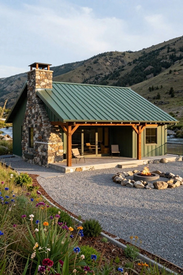 Rustic cabin with green metal gable roof, stacked stone chimney and base, wooden porch with glass doors and chairs, stone-ringed gas fire pit, gravel yard with flower beds, river railing, and mountain backdrop.