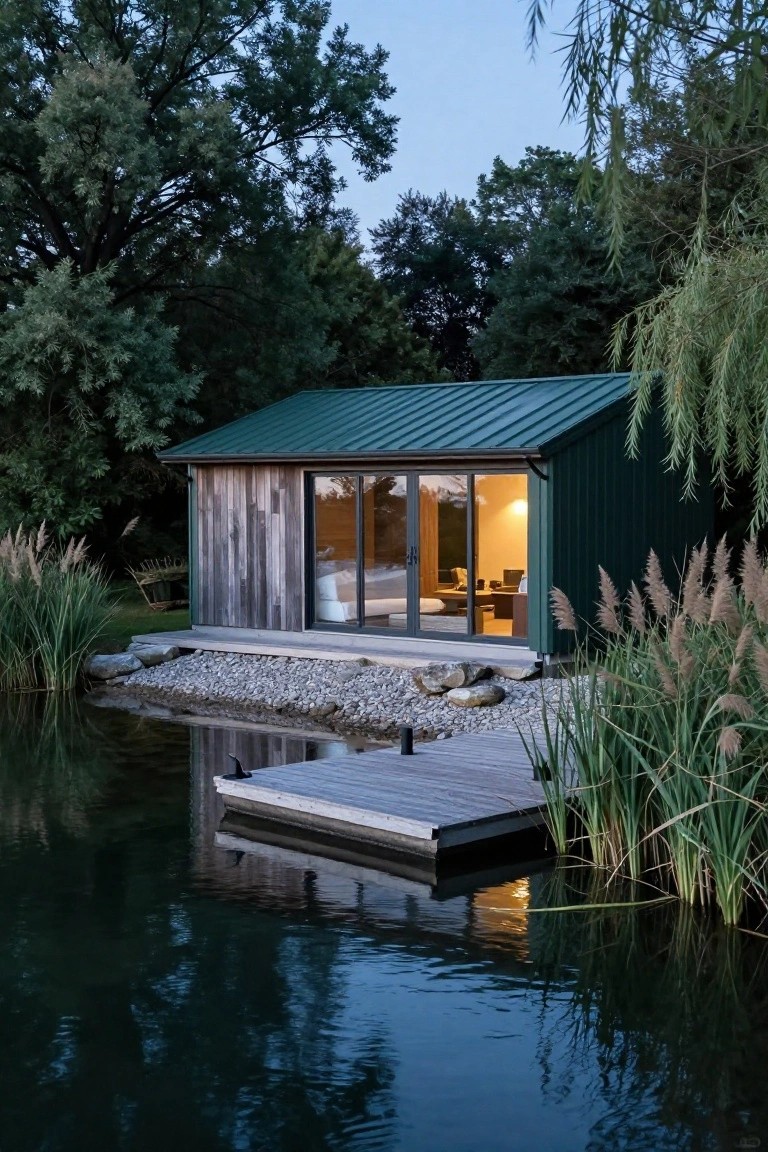 A small cabin with green metal roof and vertical wood siding sits beside a pond on a stone base, with large glass doors, interior visible, wooden dock extending into water, surrounded by trees reeds and rocks at dusk.