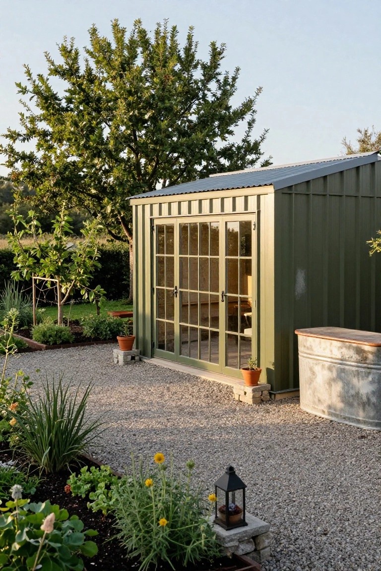 Green corrugated metal garden shed with large multi-pane glass doors on a gravel path surrounded by plants, trees, pots, and a metal tub in a backyard setting.