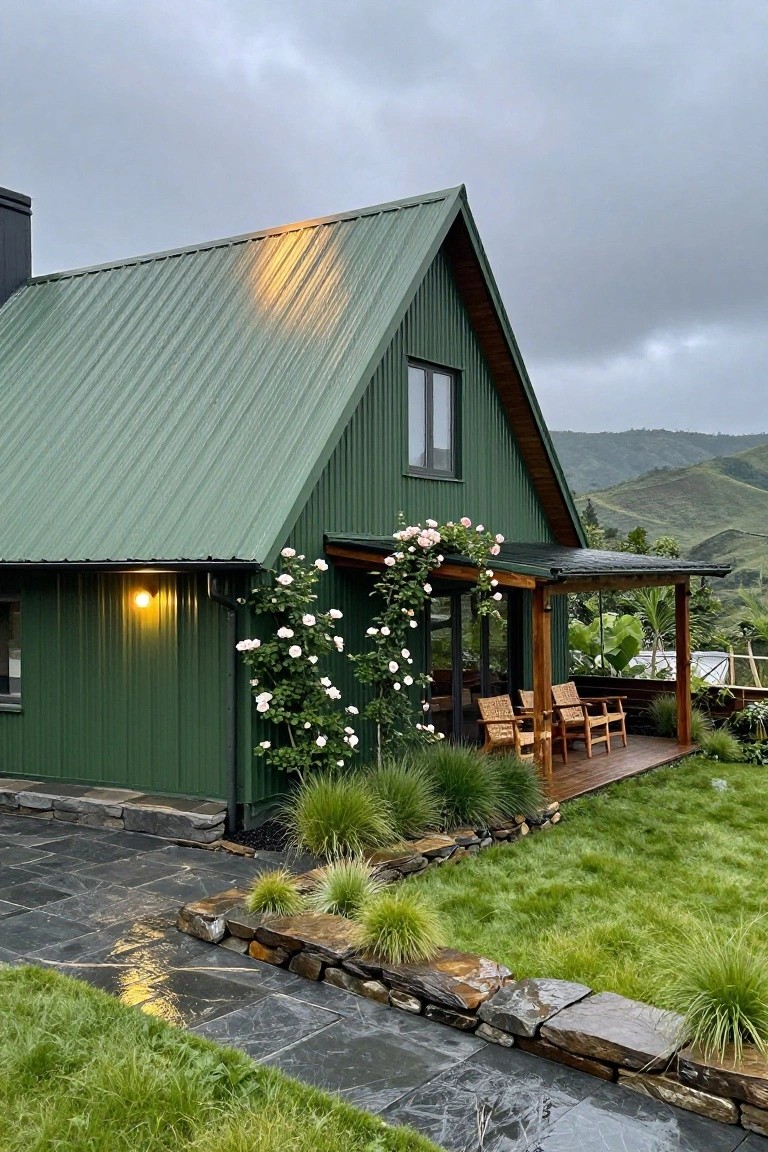 Green corrugated metal house with dark green siding and matching roof on a grassy lot edged in stone, wooden porch with rattan chairs, pink rose climber on wall, and green hills under cloudy sky.