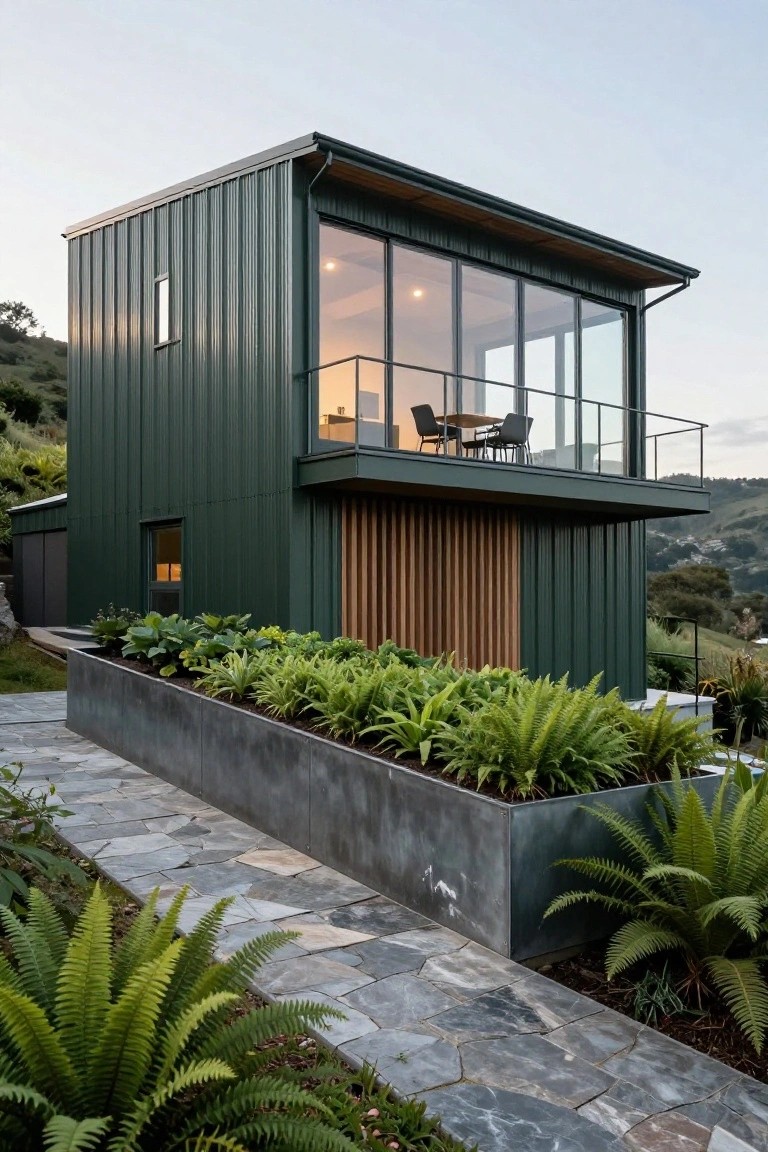 Two-story house clad in dark green corrugated metal with a cantilevered upper balcony featuring glass walls and wooden furniture, wooden vertical accents on the side, a metal planter box with ferns, and a stone path on a lush green hillside.