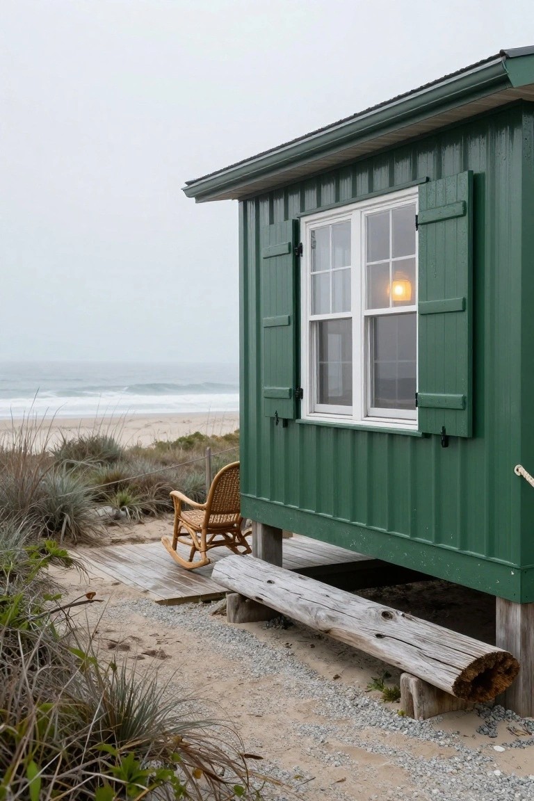 Side view of a green metal-sided cabin elevated on wooden posts near beach dunes and ocean, with open shutters on a window, a wicker rocking chair, and a driftwood bench on a sandy path.