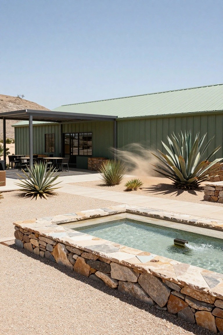 A sage green corrugated metal building with an attached covered patio and outdoor dining area, surrounded by agave plants, a stone-lined fountain, and desert gravel ground against a hilly backdrop.