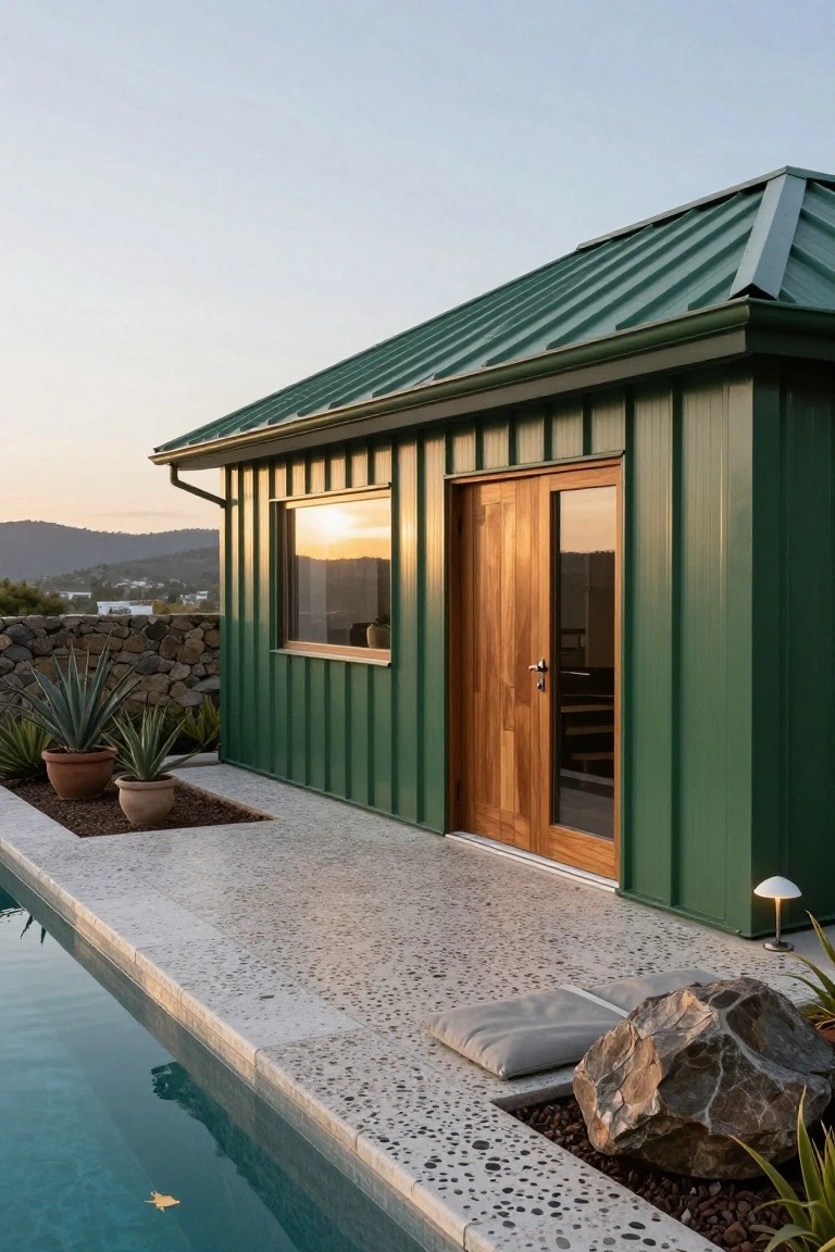 Side exterior of a small green corrugated metal building with wooden double doors and a single window, positioned beside a pebble-edged pool with agave plants, stone wall, and rocky hills in the background at sunset.