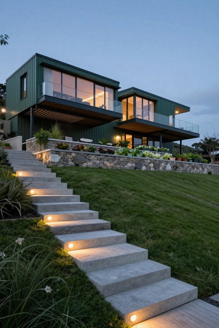 Modern two-story house clad in green corrugated metal on a grassy hillside, with large glass windows, elevated decks, stone retaining walls, plants, and lit concrete stairs leading uphill.