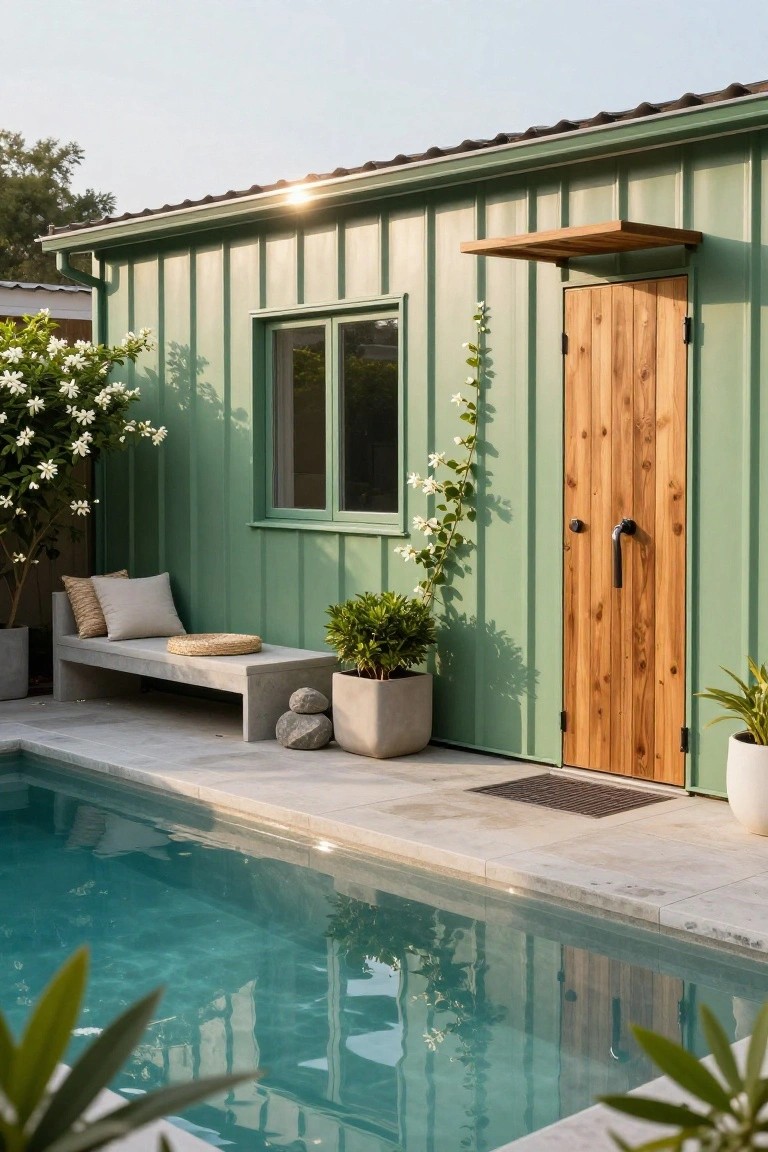 Green metal-clad outbuilding with vertical siding, wooden door, small window, climbing vines, potted plants, concrete bench, and turquoise pool on tiled patio.
