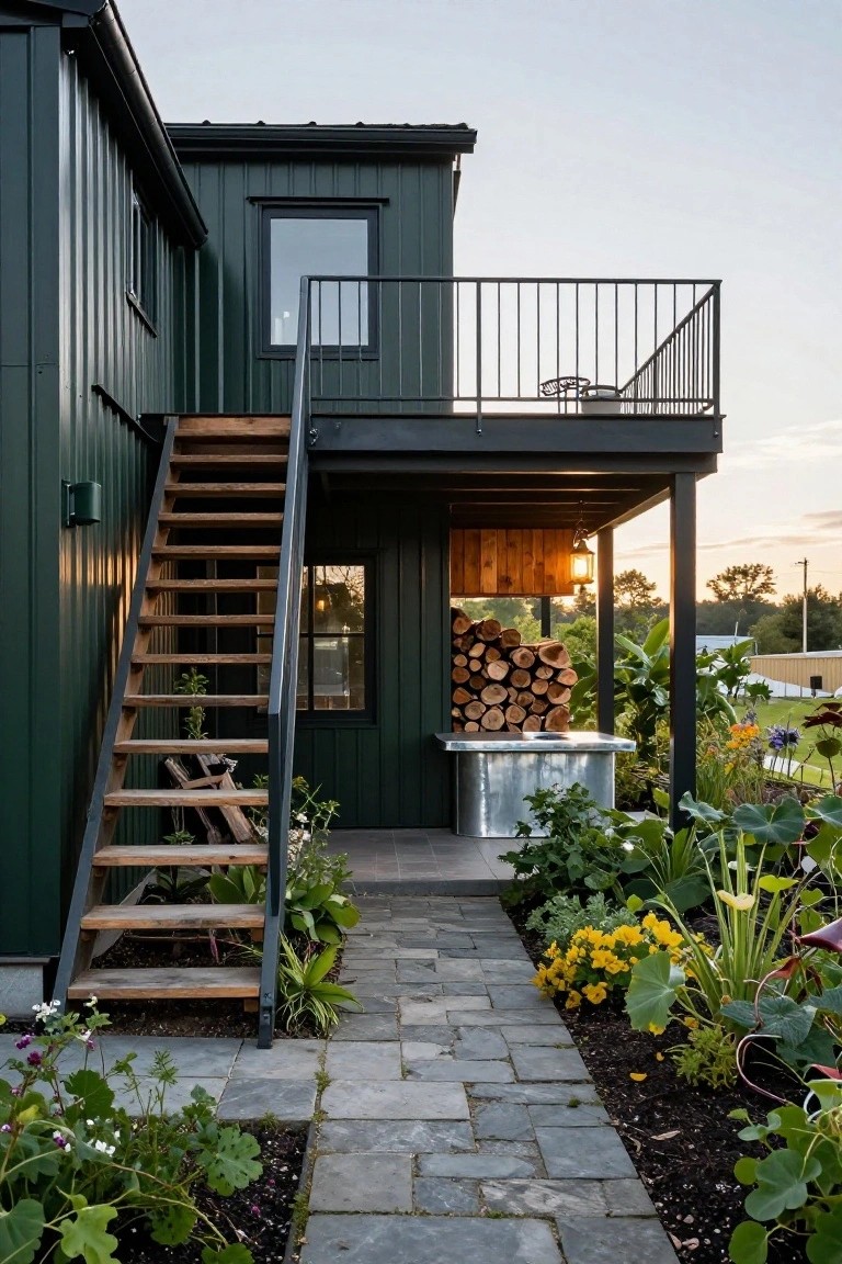 Dark green corrugated metal building with external wooden stairs to an elevated deck, firewood stack, galvanized metal tub, plants, and stone path.