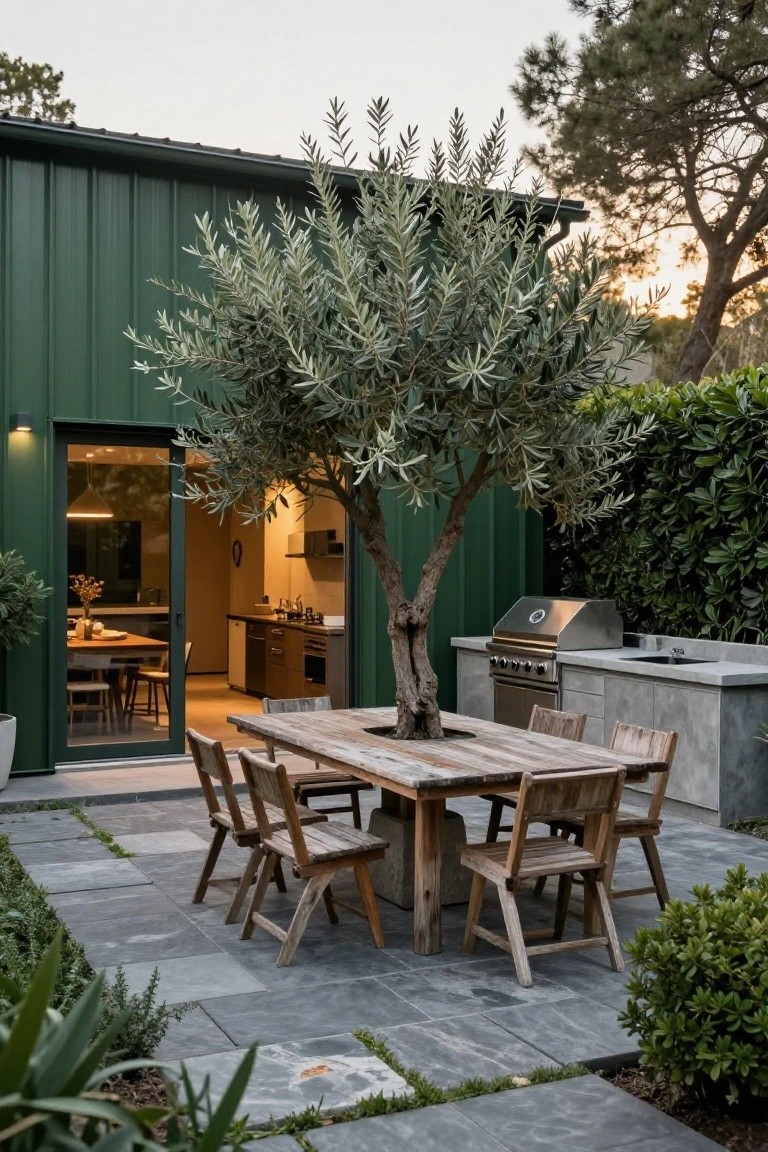 Green metal building with open sliding glass doors showing kitchen interior, adjacent concrete outdoor kitchen with stainless steel grill and sink, rustic wooden dining table and chairs on gray paver patio next to a large olive tree trunk, surrounded by low hedges and plants.