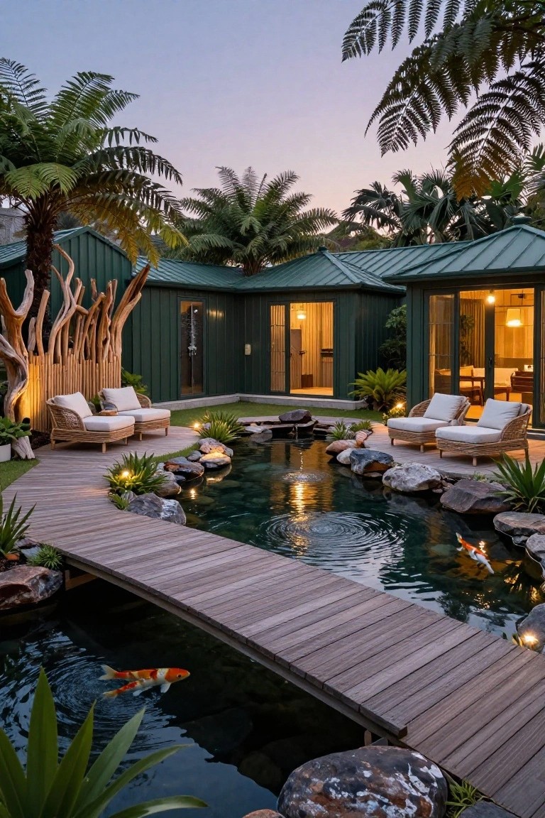 Green metal-roofed buildings flank a koi pond with a wooden bridge crossing it, surrounded by rocks, tropical plants, and rattan loungers at dusk.