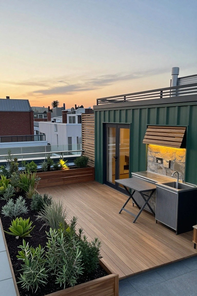 Rooftop wooden deck with a green metal container structure featuring double doors, outdoor sink, countertop, and stone wall, bordered by raised wooden planters with succulents, grasses, and palms, viewed from above neighboring buildings at dusk.