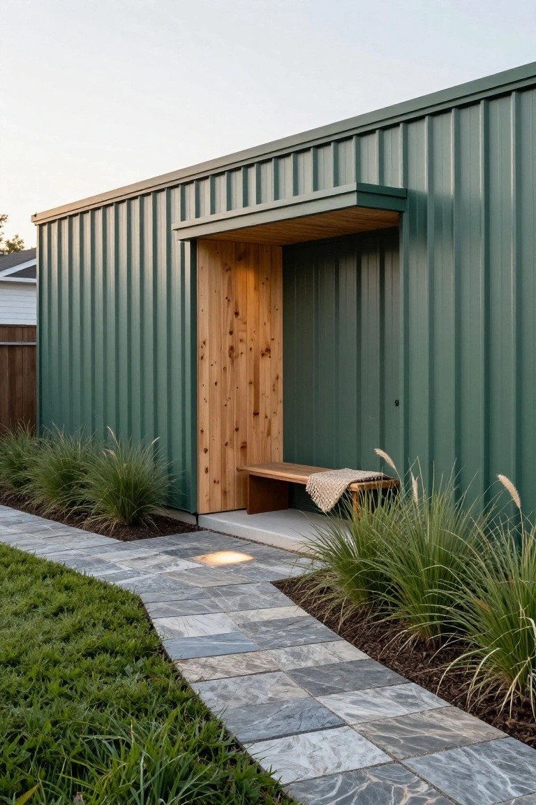 Green corrugated metal shed-style building with a recessed wooden entry portal containing a built-in bench draped with a throw blanket, ornamental grasses on both sides, and a curving gray stone pathway leading to the entrance in a yard with green turf.