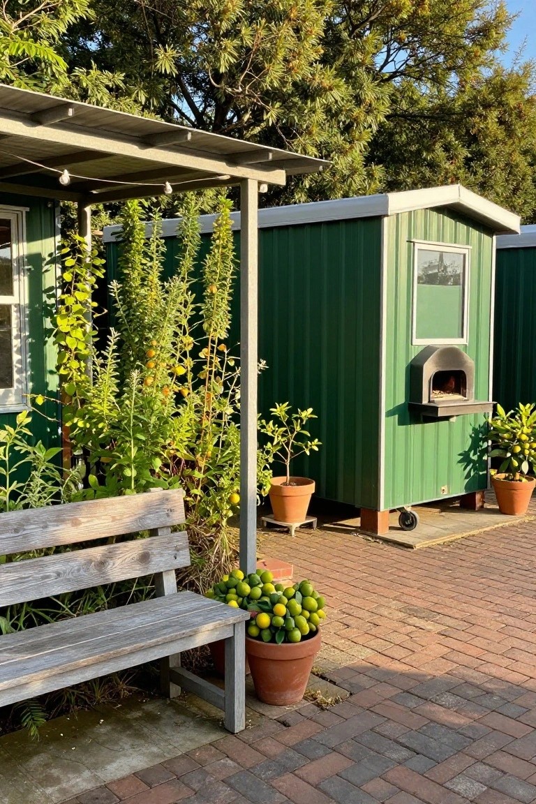 Green corrugated metal shed with a black wood-fired pizza oven built into its side, tall flowering plants and potted lemon trees surrounding it, wooden bench on a brick patio under a pergola structure.