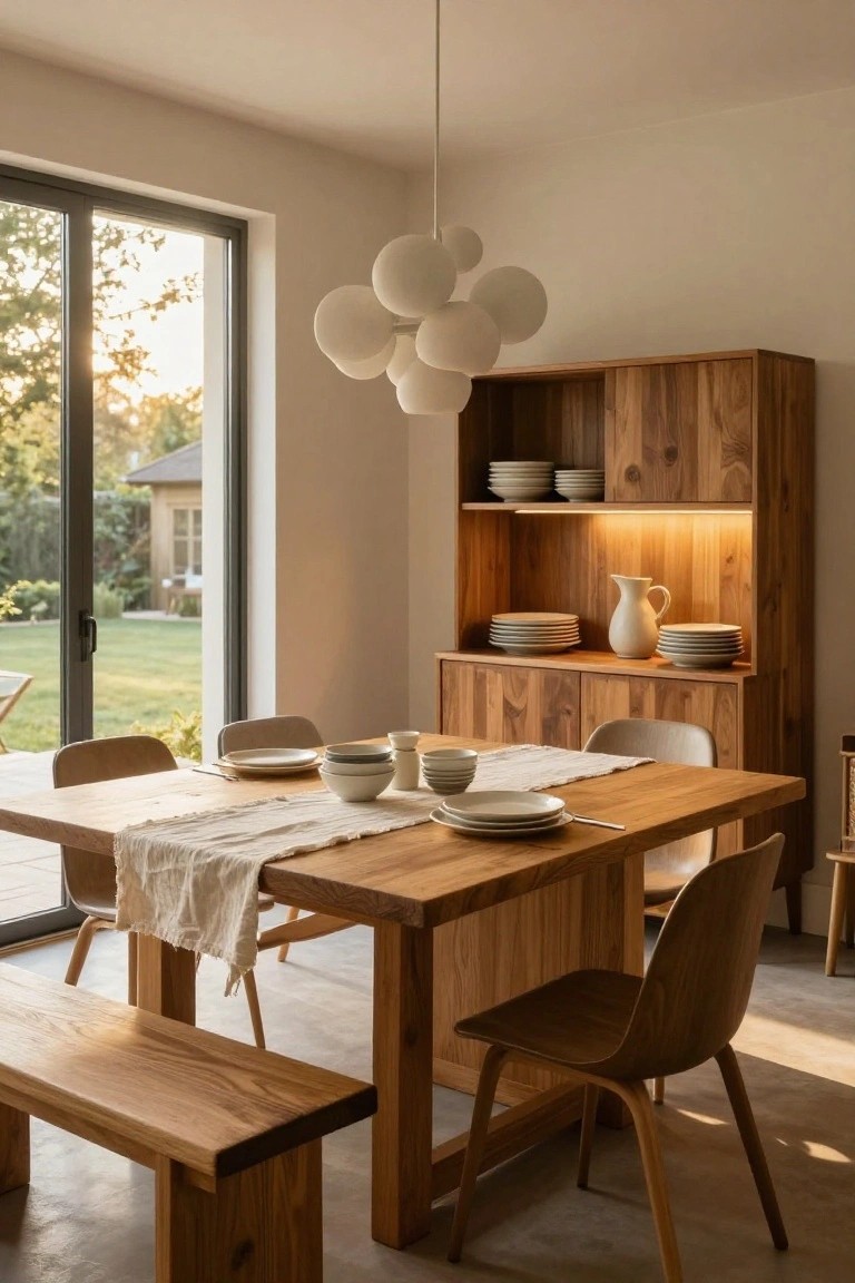 Light-filled dining room with wooden table set for a meal, bench on one side, chairs on others, wooden cabinet displaying white plates and dishes, bubble pendant light overhead, and large sliding glass doors to garden view.