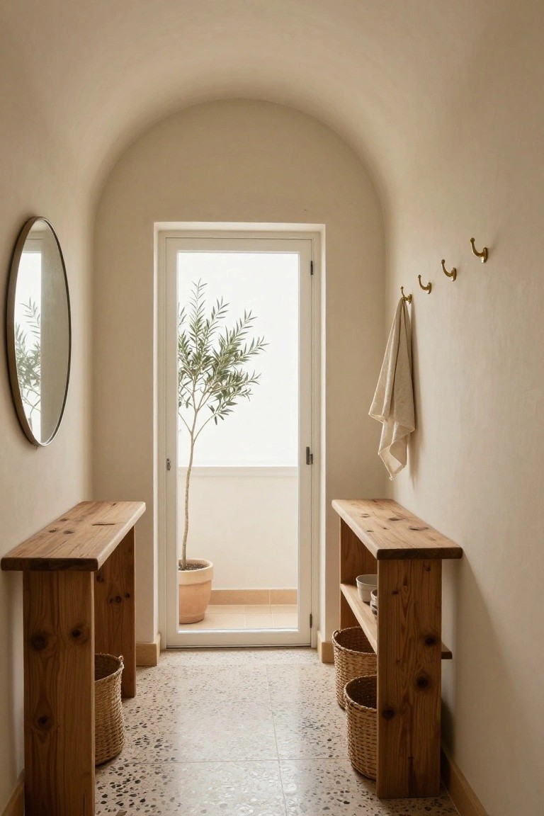 Narrow arched hallway with light beige walls, wooden benches on both sides holding wicker baskets and a bowl, a round mirror, brass hooks with a white towel draped over one, and a glass door leading to a balcony with an olive tree in a terracotta pot.