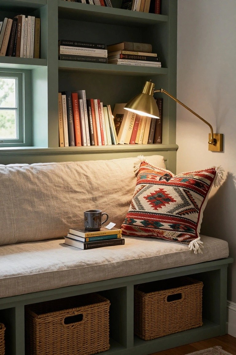 Sage green built-in bookshelves framing a window with a cushioned linen bench seat, books stacked on the bench, a mug of coffee, a colorful woven pillow, brass wall lamp, and wicker baskets in the base compartments.