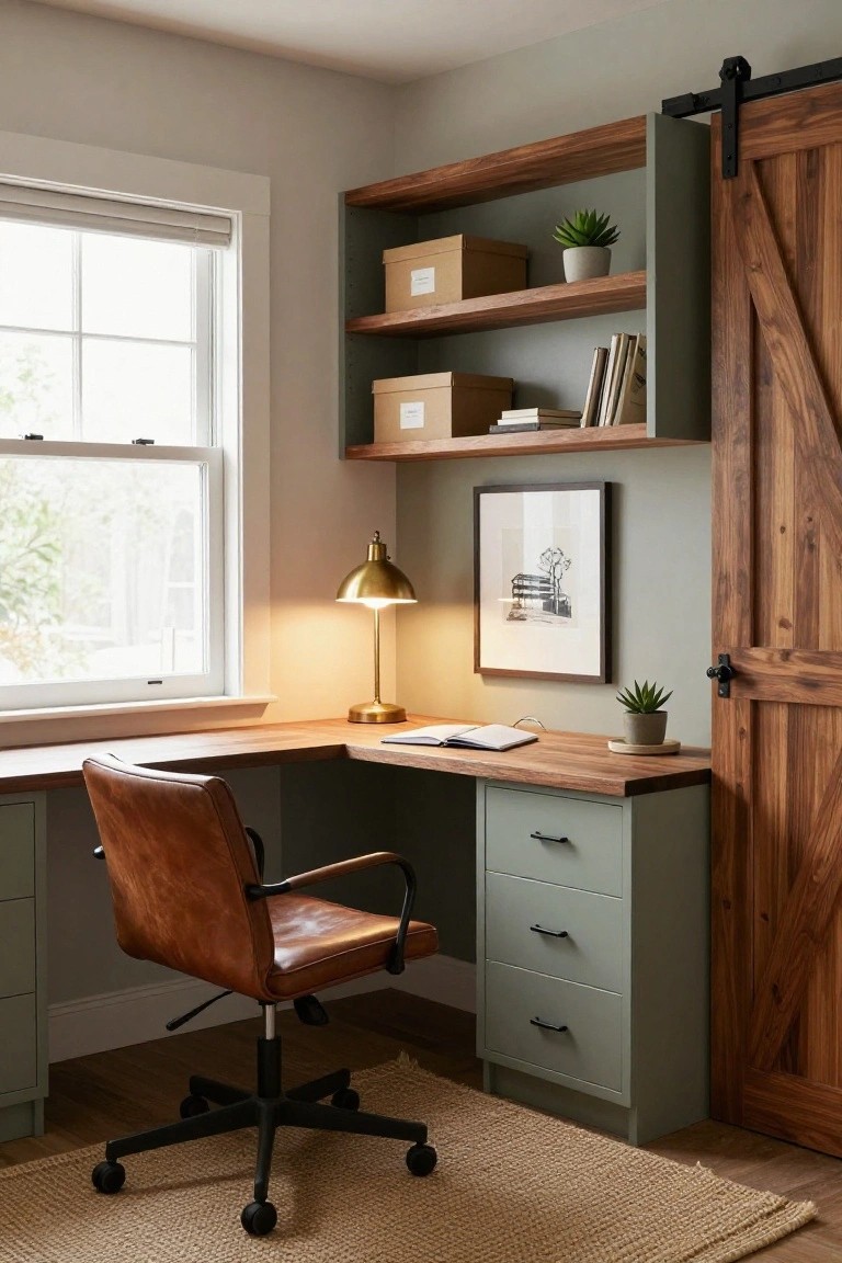 Cozy home office with wooden desk, leather chair, and built-in shelves.