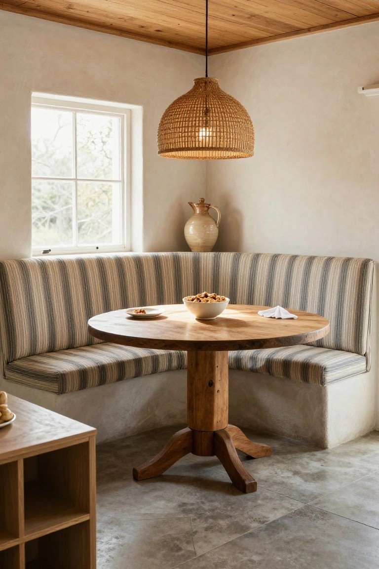 Corner banquette with blue-and-white striped cushions around a round wooden pedestal table holding a white bowl of cereal, small plate, and napkin, beside a window, rattan pendant light overhead, beige walls, and wooden shelf in a light room.