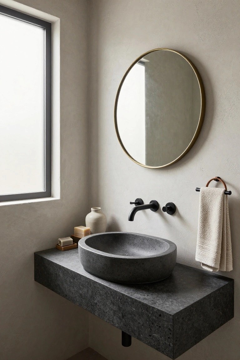A minimalist bathroom with a floating dark gray stone countertop supporting a matching stone vessel sink, black wall-mounted faucet, gold round mirror, beige towel on leather-accented holder, small vase and soap dish on the counter, and frosted window.