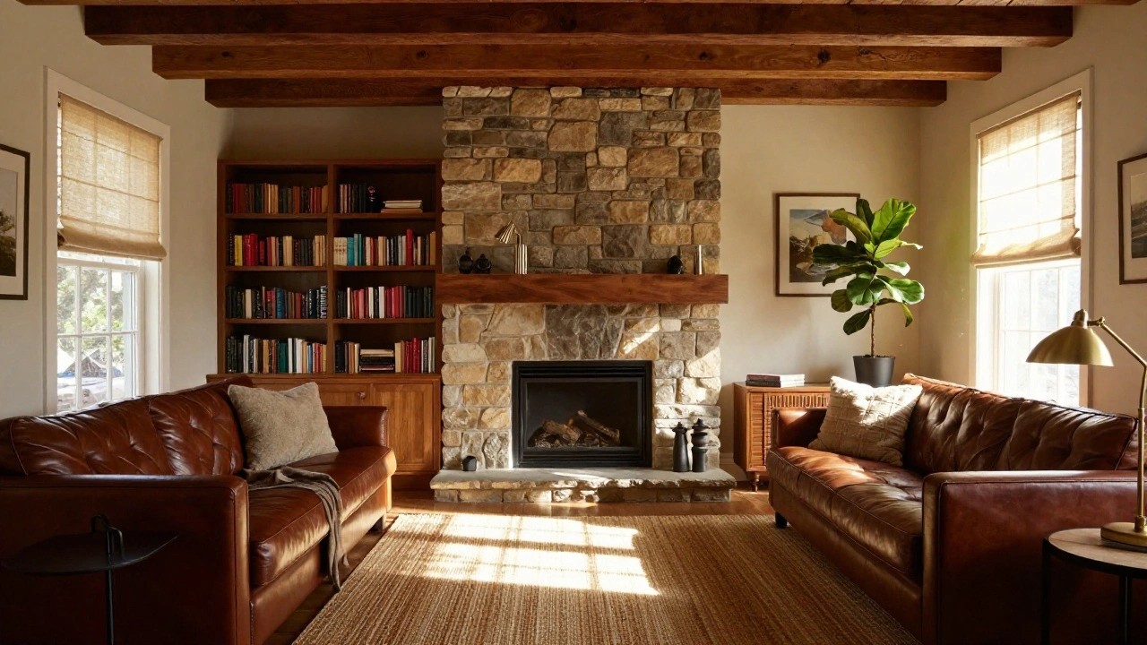 Living room interior with a tall stone fireplace under a wooden mantel, exposed wooden ceiling beams, tan leather L-shaped sofa on a jute rug, wooden credenza with lamp and plant, bookshelves, and large windows with sheer shades.