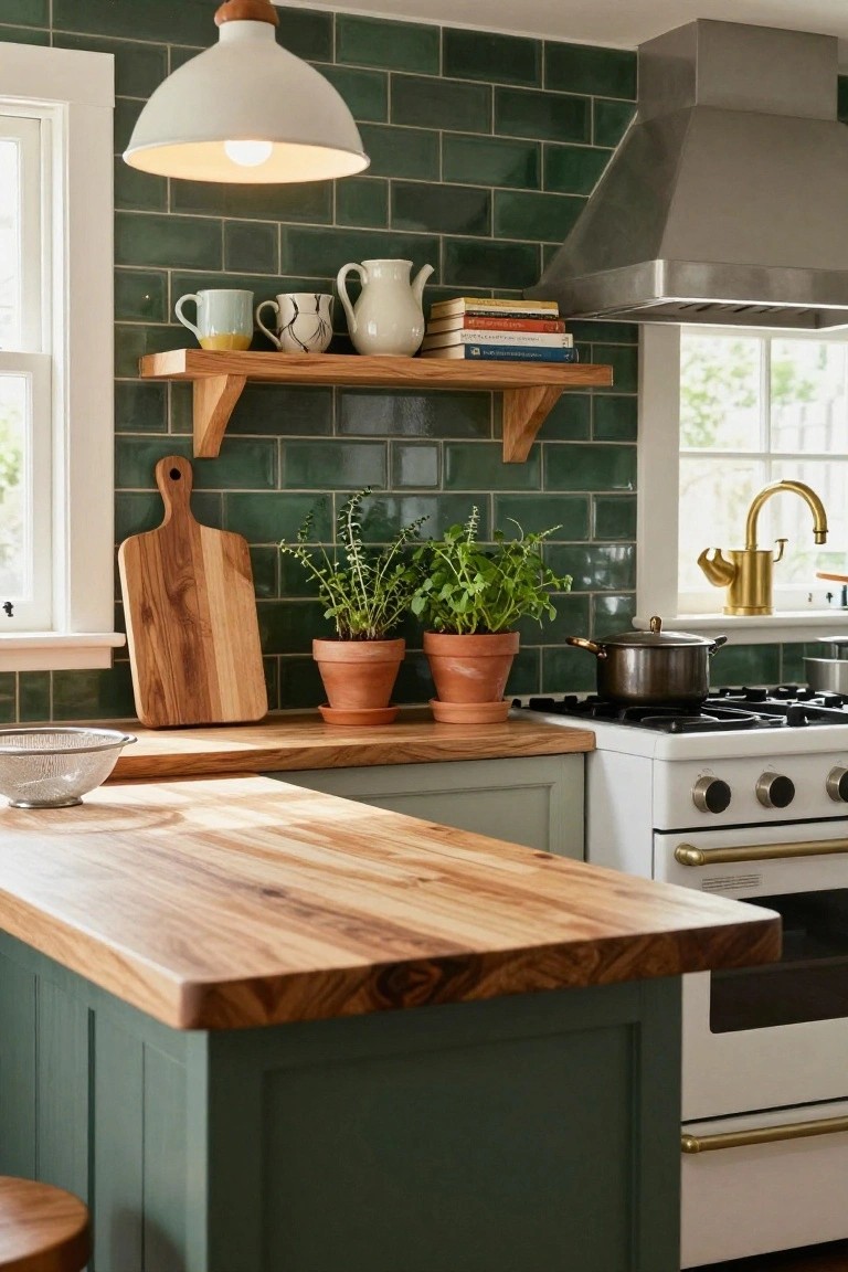Kitchen interior with emerald green subway tile backsplash, light wood butcher block countertop and island, wooden shelves holding white pottery, cookbooks, and potted herbs, gold faucet, white gas range, and green lower cabinets.