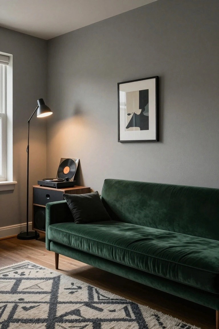 Modern living room with green velvet sofa, record player, and abstract art.