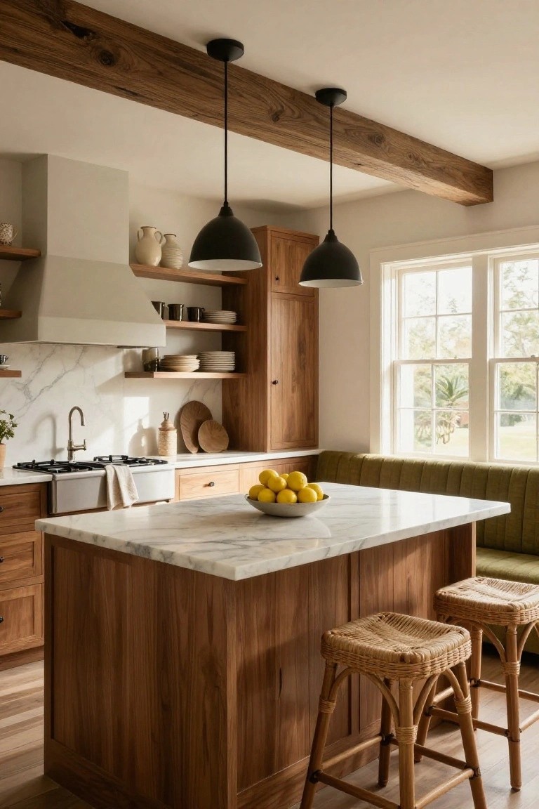 Kitchen with dark wood cabinets and island topped in white marble, green upholstered banquette booth, rattan barstools, black pendant lights, and large windows overlooking greenery.