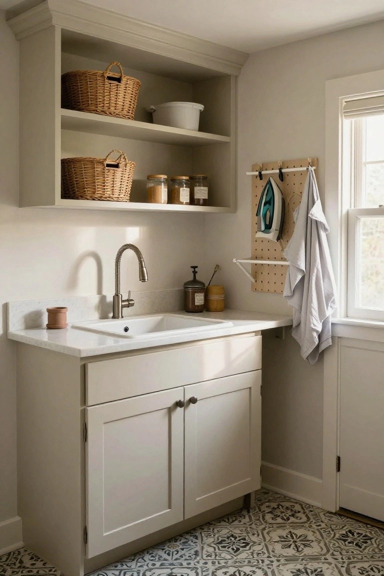 Corner laundry sink with white quartz countertop and gooseneck faucet under open beige shelving holding wicker baskets, white bowls, and glass jars, pegboard wall with turquoise iron and hanging towel next to window, and black-and-white patterned tile floor.