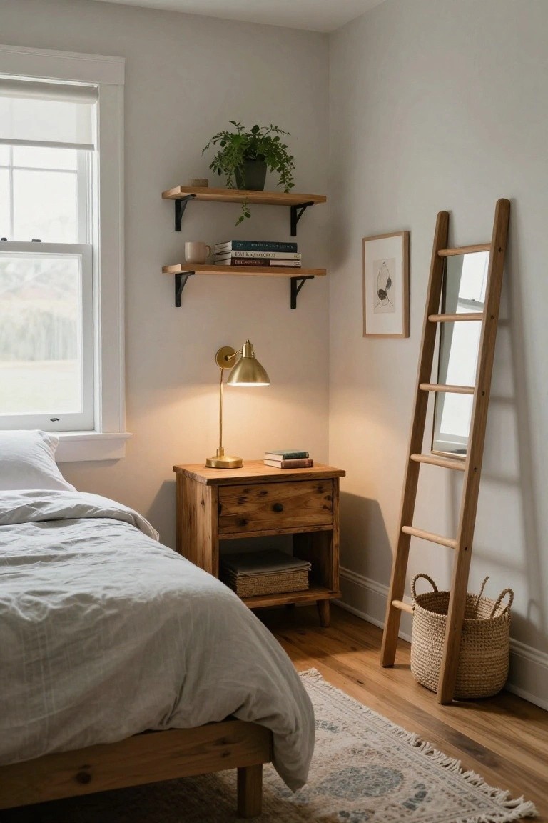 Bedroom corner with white linen bed on wooden frame, wooden nightstand holding brass lamp and books, floating wood shelves with plants books and mug, tall leaning wooden ladder mirror, seagrass basket, and blue patterned rug on hardwood floor.
