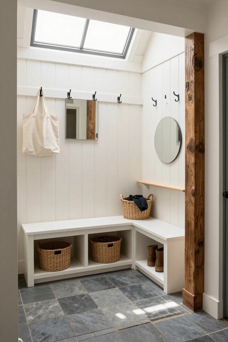 White shiplap mudroom with built-in bench under cubbies holding woven baskets, wall hooks with a canvas tote bag, rectangular and round mirrors, wooden post, shelf with laundry basket, and dark slate tile floor.