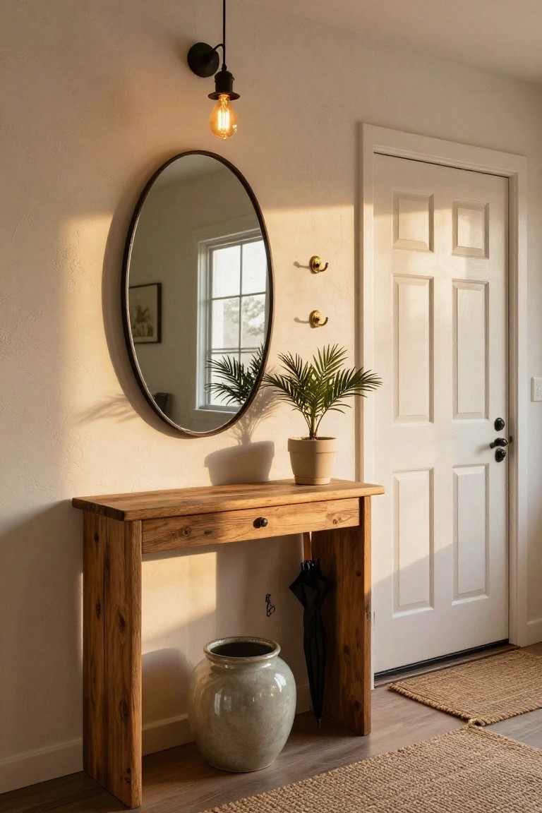 Sunlit entryway with wooden console table topped by two potted plants, flanked by large round mirror and white door, coat hooks on wall, umbrella stand, and hanging light fixture.