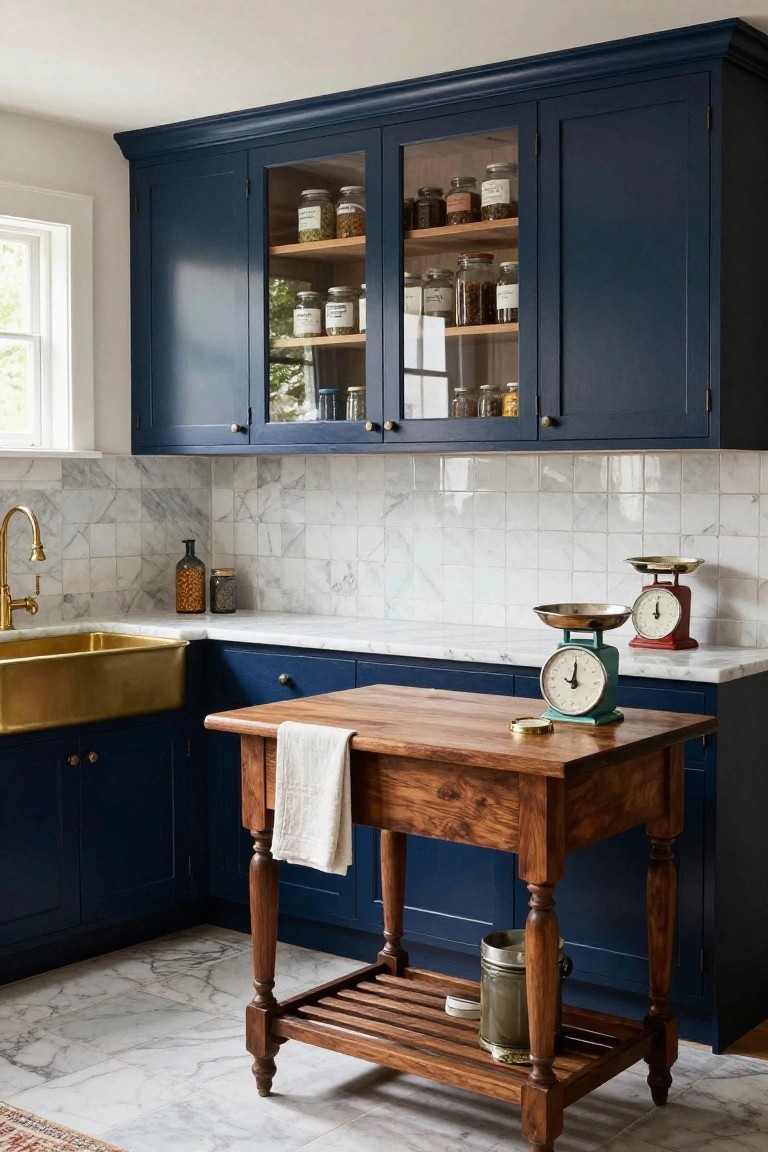 Kitchen with navy blue cabinets including glass-front uppers displaying glass jars, white marble counters and backsplash, brass farmhouse sink, green scale on wooden island, and marble tile floor.