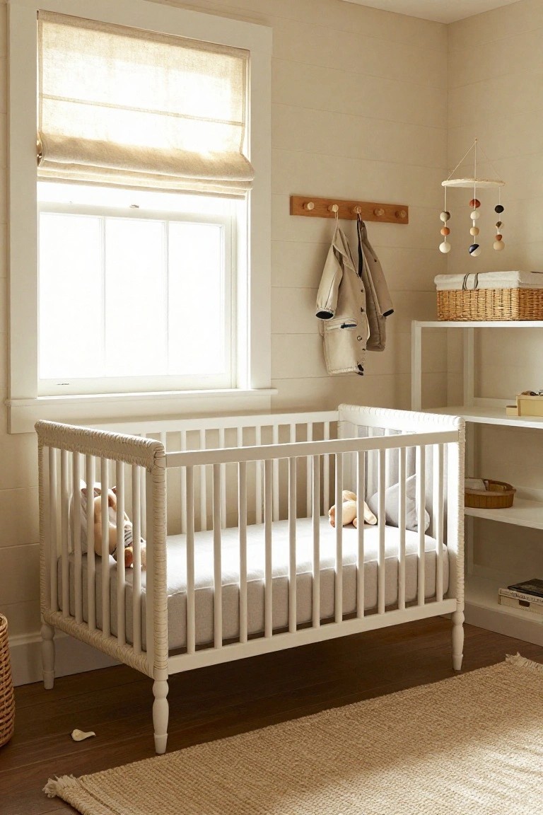 Nursery corner with white rattan crib containing stuffed animals and pillows, linen roman shade on window, wooden peg rail holding children's coats, open white shelving with wicker baskets, neutral walls, and seagrass rug on wood floor.