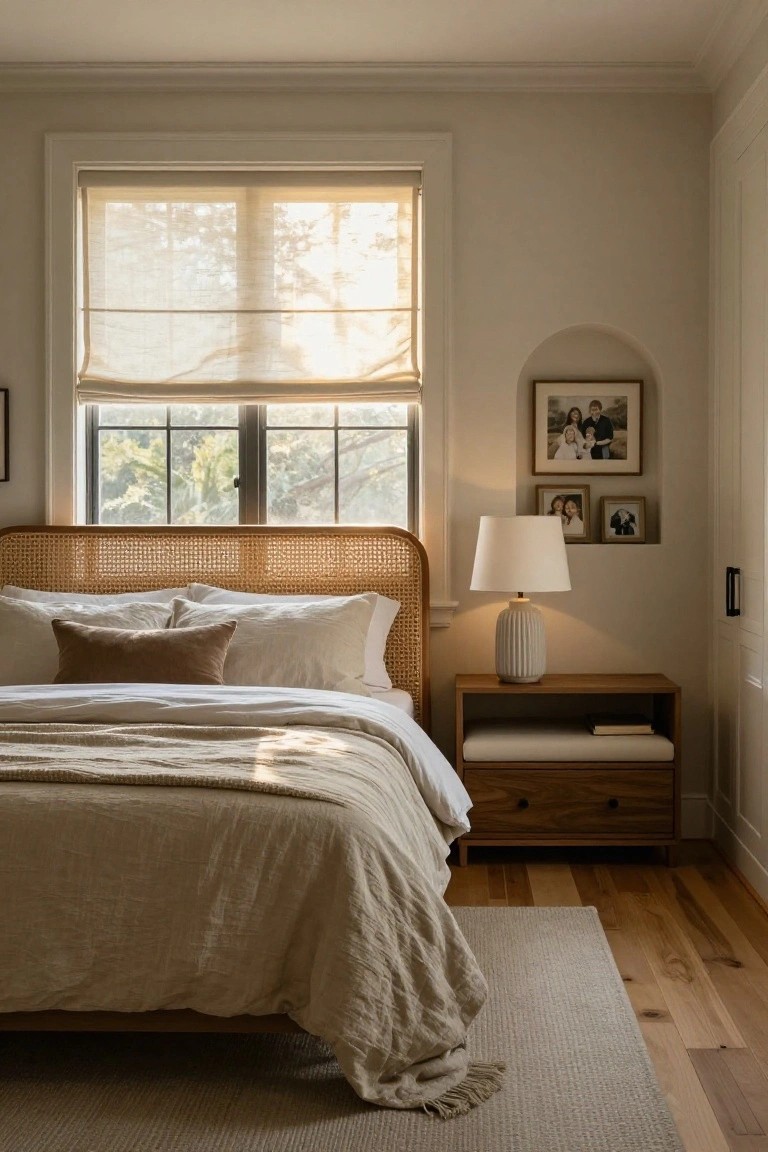 Sunlit bedroom with rattan headboard on bed dressed in white and beige linens, wooden nightstand holding lamp and book, sheer shades on window overlooking trees, and small framed photos in arched wall niche.